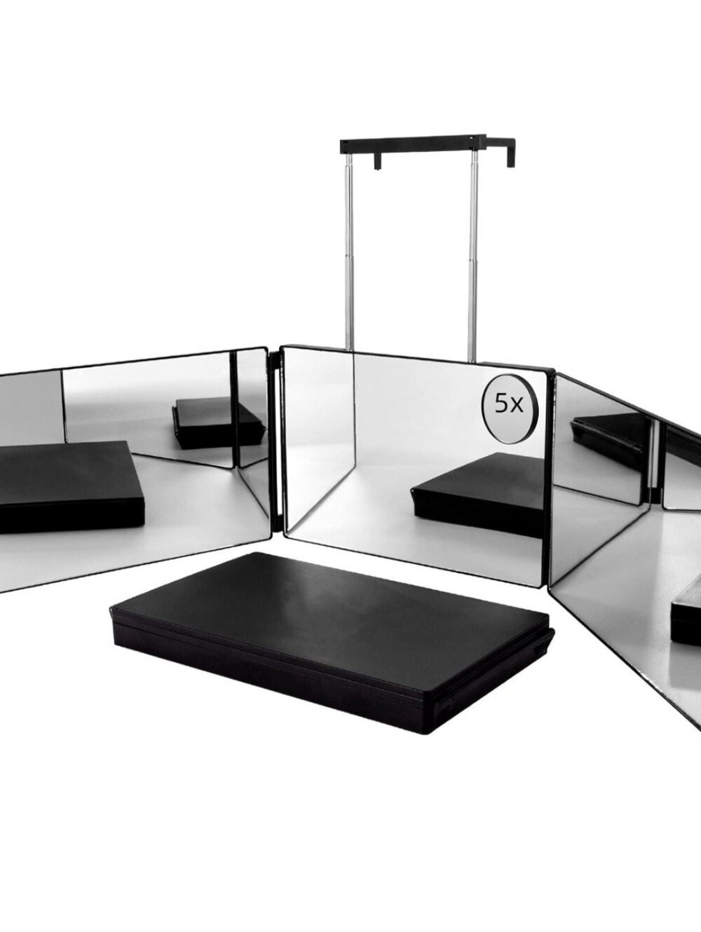 3 Way Mirror for 360° Black Mirror Height Adjustable Hooks Haircut Barber Tools